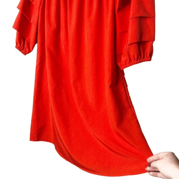 Elodie Red Bell Ruffle Puff Sleeve Elastic Neckline Mini Red Summer Formal Dress - Picture 6 of 16